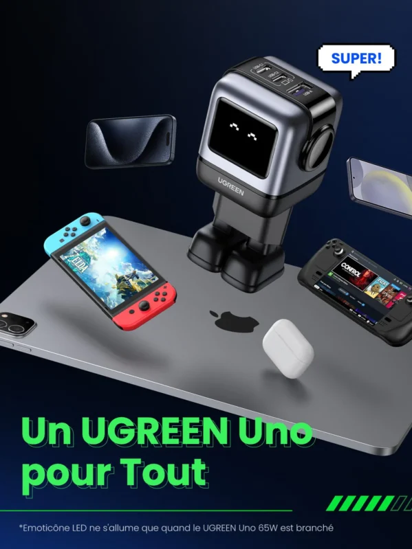 UGreen Nexode CS Robot GAN 2xUSB-C 1xUSB-A 65W  Noir – Image 3