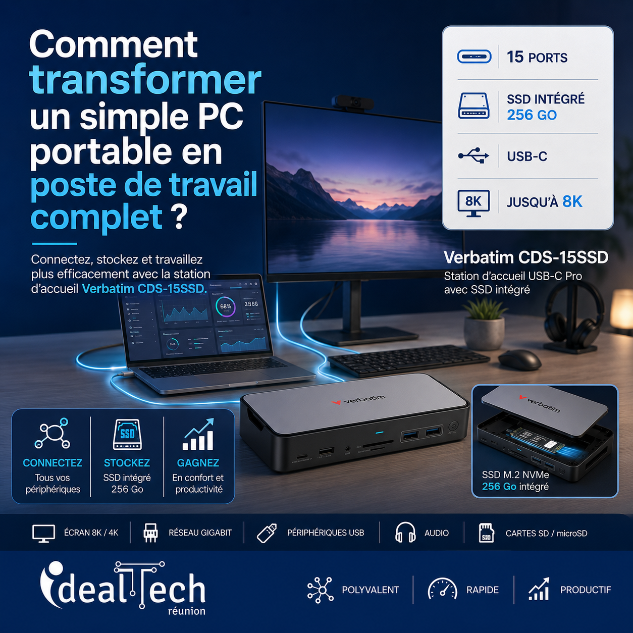 Station d’accueil USB-C Pro Verbatim CDS-15SSD – 15 ports avec SSD intégré 256 Go – Image 2