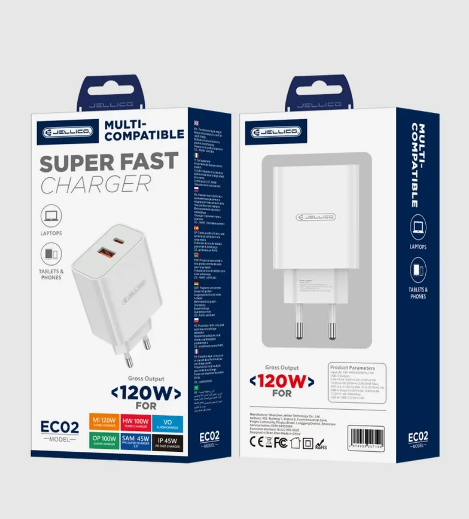 JELLICO - Adaptateur secteur double ports Usb et Usb-C/Type C (120W) + cable Type C vers Usb-C - EC02 blanc