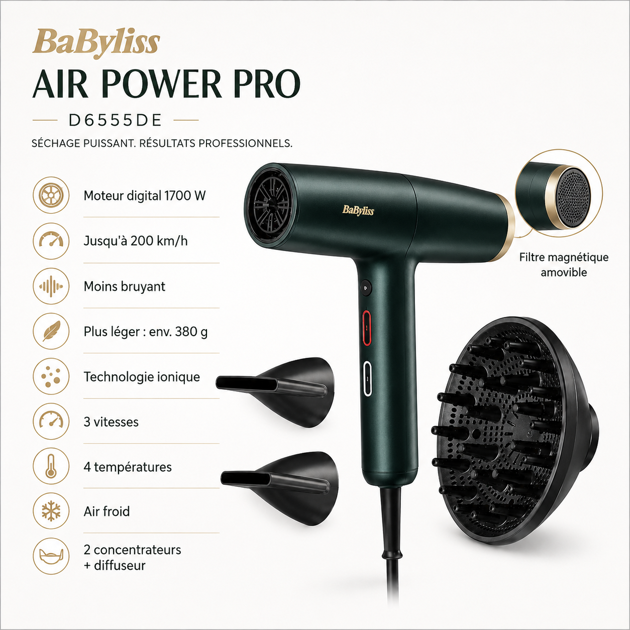 Sèche-Cheveux BaByliss Air Power Pro D6555DE 1700W – Moteur Numérique & Ionique – Image 4