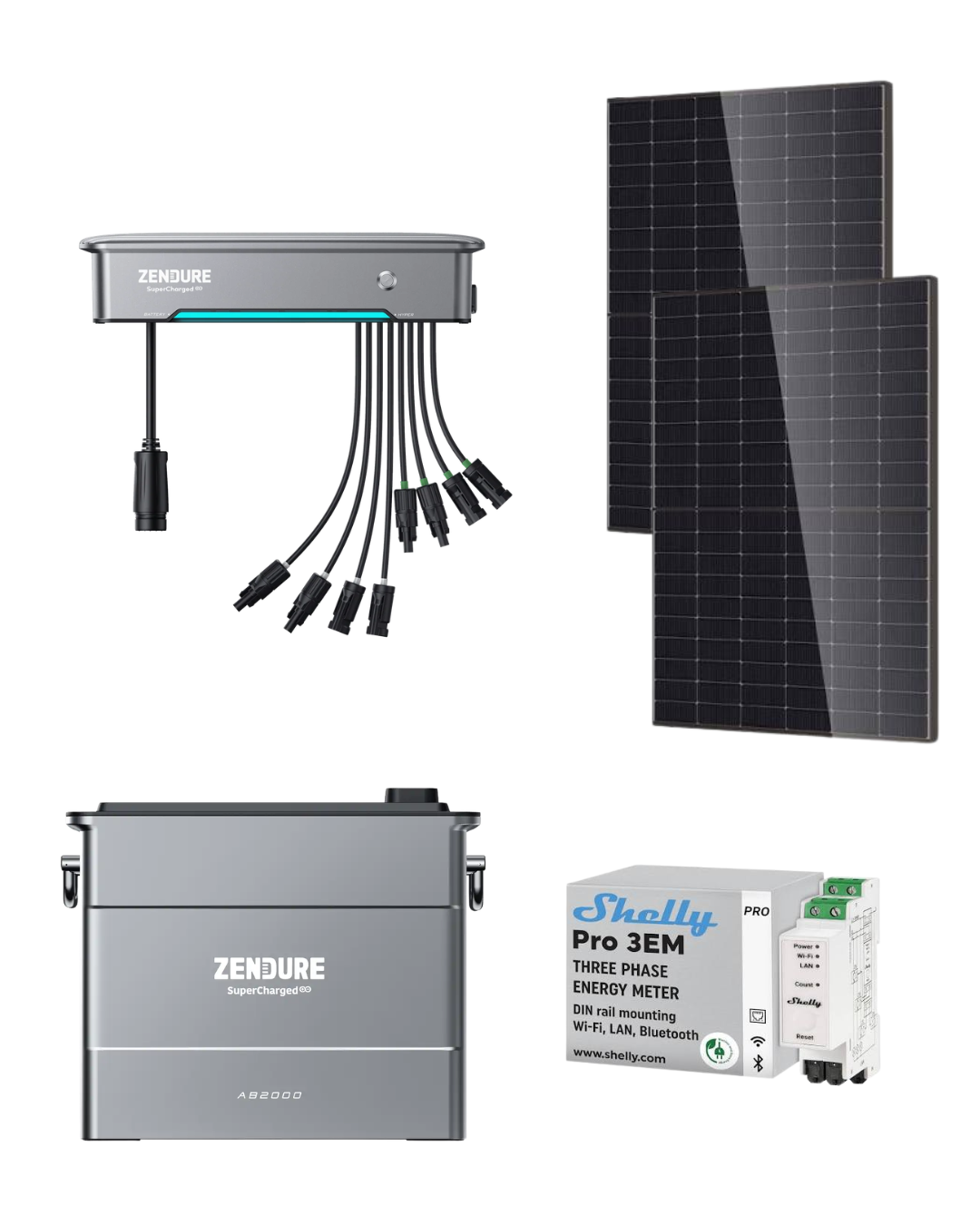 PACK ZENDURE - HYPER 2000 + 1X BATTERIE SOLARFLOW 2000W + 2 PANNEAUX 500W + SHELLY PRO 3EM